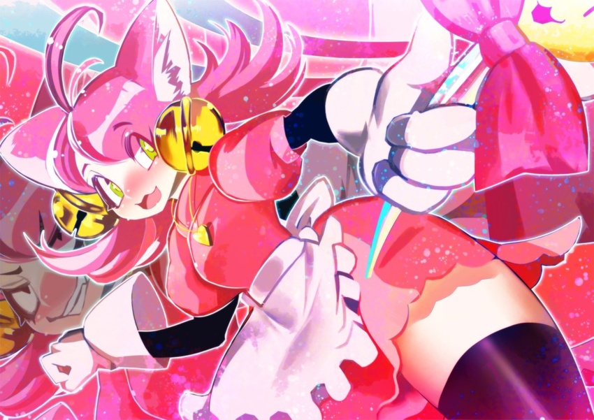 animal_ears bells cat_ears dual_persona female gloves green_eyes hakkasame mad_mew_mew magical_girl oerba_yun_fang pink_hair staff undertale white_gloves