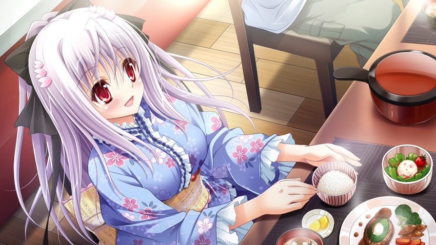 3-nin_iru! blush chair female food game_cg japanese_clothes kimono long_hair mibuno_suzume open_mouth purple_hair red_eyes sitting suzui_narumi