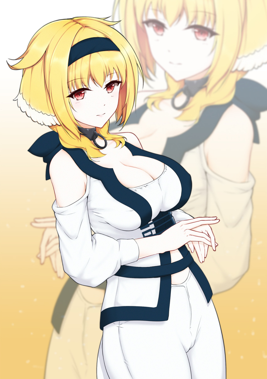 alternate_eye_color animal_ears bad_id bad_pixiv_id bare_shoulders black_collar black_hairband blonde_hair blush breasts cameltoe cleavage_cutout clothing_cutout collar commentary_request dog_ears dog_girl female floppy_ears gradient_background hairband highres isekai_meikyuu_de_harem_wo large_breasts lis_zhu_long o-ring_collar photoshop_(medium) red_eyes roxanne_(isekai_meikyuu_de_harem_wo) solo zoom_layer