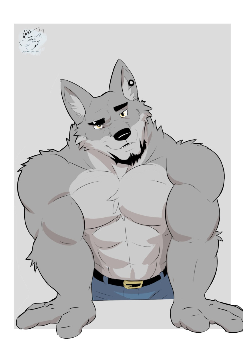 2018 abs anthro belt biceps bottomwear canid canine canis chest_tuft clothed clothing digital_media_(artwork) facial_hair fur goatee hi_res jazcabungcal male mammal muscular muscular_anthro muscular_male pants pecs simple_background solo teeth topless tuft wolf