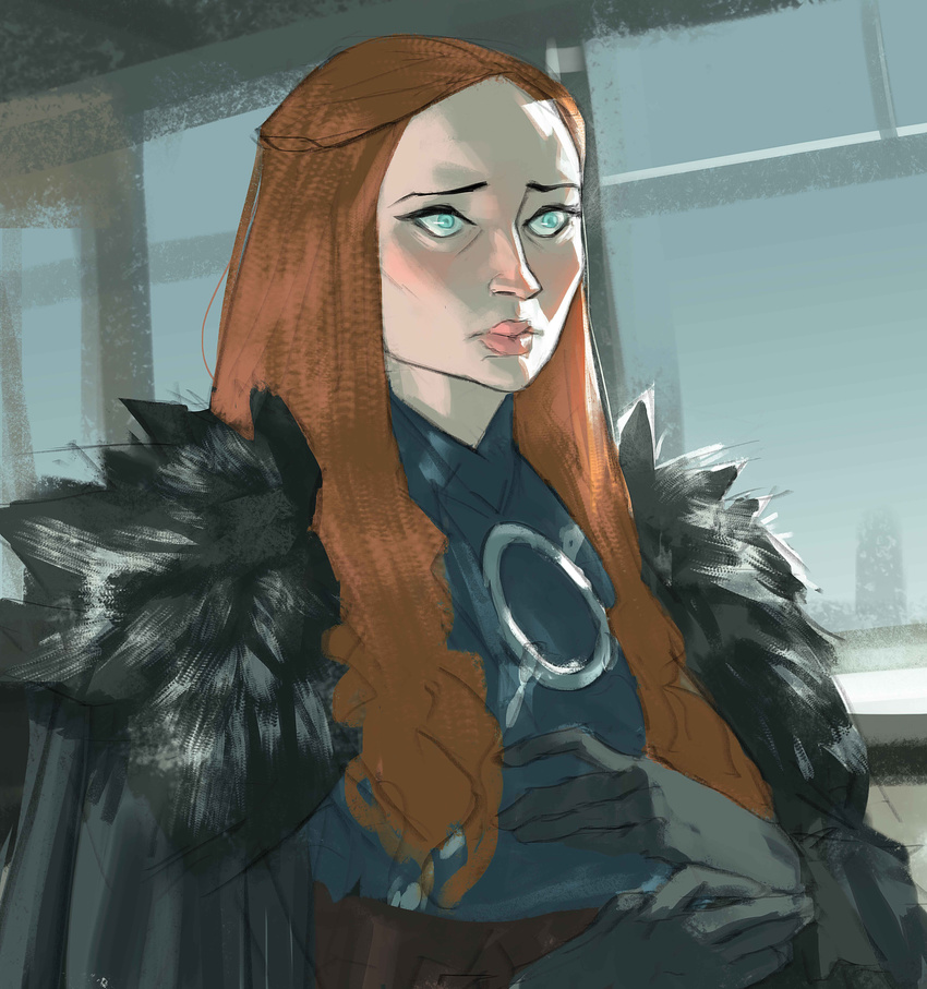 a_song_of_ice_and_fire absurdres blue_eyes cape commentary_request female game_of_thrones gloves highres long_hair photoshop_(medium) ramon_nunez red_hair sansa_stark solo