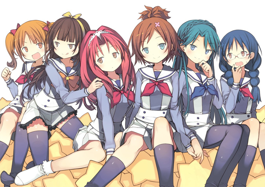 >:) 6+girls :d :q akagi_towa amanogawa_kirara aqua_hair black_legwear blue_eyes blue_hair blush bow braid brown_eyes brown_hair clenched_hand closed_mouth collarbone commentary_request glasses go!_princess_precure hairbow hand_on_another's_shoulder haruno_haruka head_tilt holding_hands ichijou_ranko kaidou_minami kneehighs knees_together_feet_apart long_hair long_sleeves looking_at_viewer multiple_girls nanase_yui neckerchief no_shoes noble_academy_school_uniform oerba_yun_fang open_mouth orange_eyes orange_hair pantyhose pleated_skirt precure red_bow red_hair rimless_eyewear school_uniform serafuku sitting skirt smile socks star_(symbol) sweatdrop swept_bangs thighhighs tongue tongue_out twin_braids v-shaped_eyebrows very_long_hair white_background white_legwear white_skirt yuguru