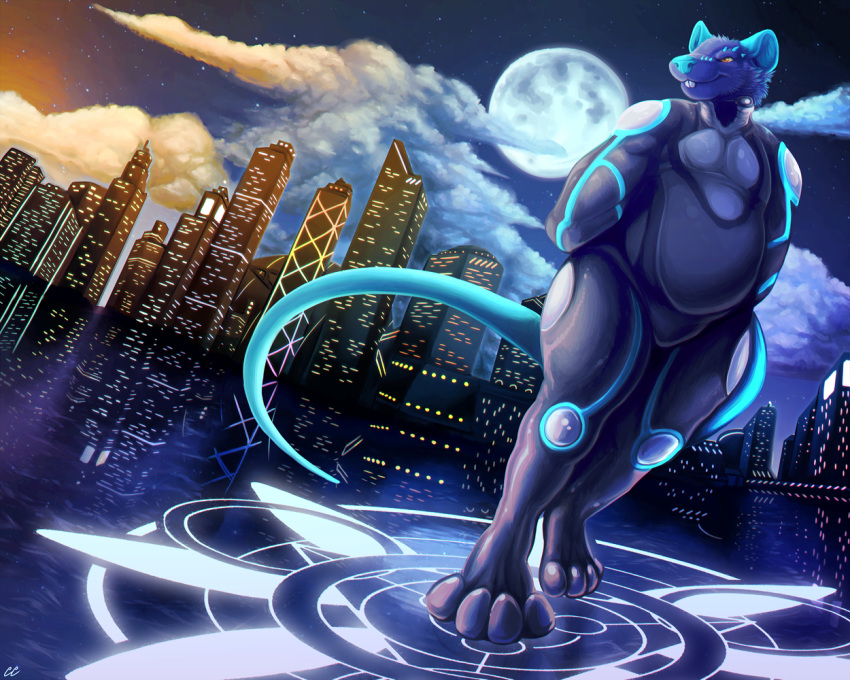 2018 5:4 amazing_background anthro baresenio blue_body blue_fur blue_nose blue_theme bodysuit buckteeth building chibity city cityscape clothed clothing cloud detailed detailed_background dutch_angle full_moon fur futuristic glowing long_tail magic magic_circle male mammal moon murid murine neon_lights night rat ratsenio red_eyes reflection rodent skinsuit sky skyline skyscraper slightly_chubby smile solo standing star starry_sky tail teeth tight_clothing walking_on_water water yellow_sclera