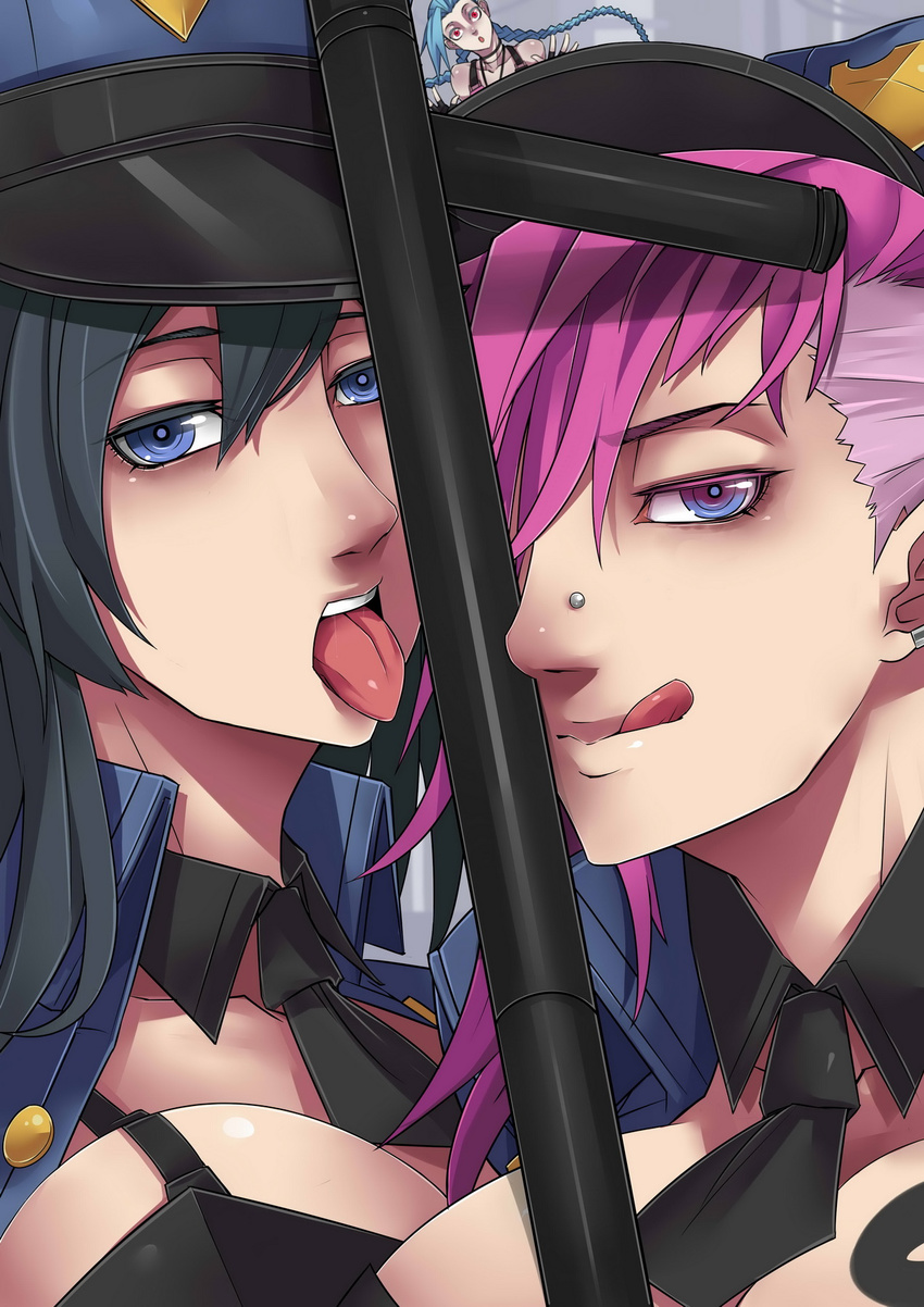 3girls :o alternate_costume baton_(weapon) blue_eyes breasts caitlyn_(league_of_legends) cleavage close-up commentary_request exaxuxer hat highres jinx_(league_of_legends) large_breasts league_of_legends multiple_girls naughty_face officer_caitlyn officer_vi pink_hair police police_hat police_uniform policewoman purple_eyes tonfa tongue uniform vi_(league_of_legends) weapon