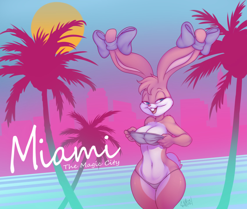 2018 80's_theme babs_bunny bikini blue_eyes buckteeth clothing female florida fur gunmouth lagomorph leporid looking_at_viewer mammal miami open_mouth palm_tree pink_body pink_fur pink_nose plant rabbit retro solo sun swimwear teeth tiny_toon_adventures tree undressing vaporwave warner_brothers