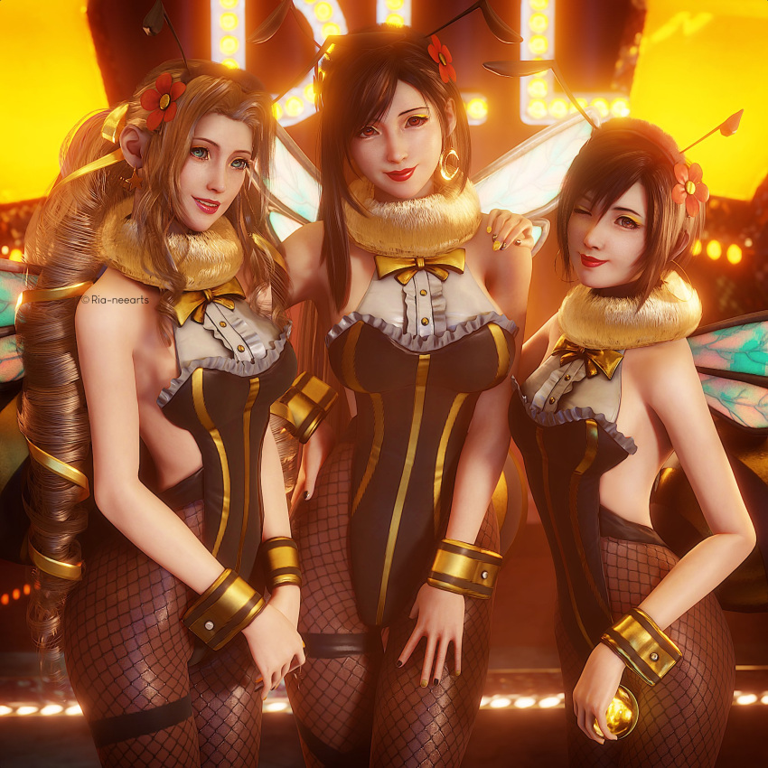 3d 3d_(artwork) 3girls aerith_gainsborough antennae bee bee_costume bee_girl black_hair bowtie bracelets brown_hair burlesque cabaret clothed clothing crescent_earrings crescent_moon cuffs_(clothing) earrings female female_only final_fantasy final_fantasy_vii final_fantasy_vii_remake fishnets flower flower_in_hair fully_clothed green_eyes happy_female honeybee_inn_uniform hoop_earrings lipstick long_hair looking_at_viewer materia neon neon_lights night_club painted_fingernails red_eyes ria-neearts short_hair square_enix star_earrings stinger tifa_lockhart two_tone_clothing two_tone_clothing_(blackandyellow) wings wink winking_at_viewer yuffie_kisaragi