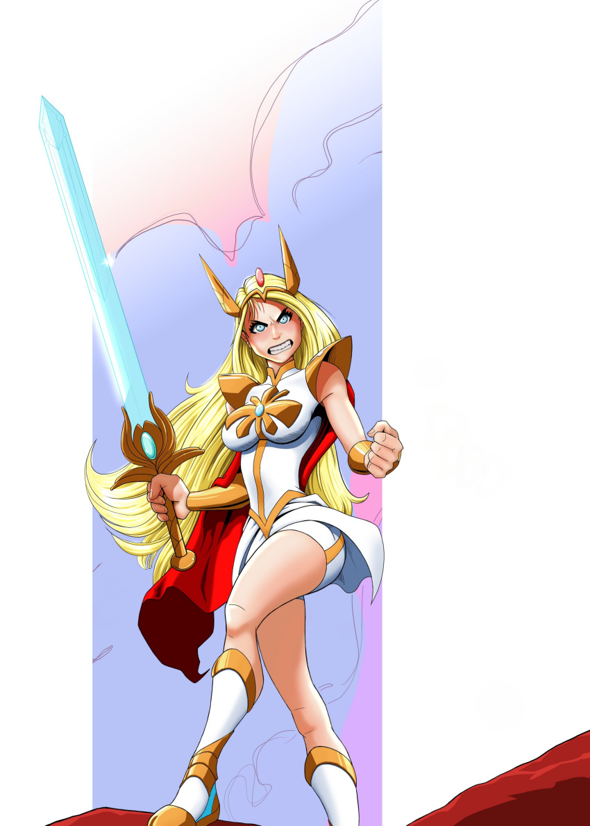 1girls 2020 2020s adora angry armor bike_shorts black_eyeliner blonde_female blonde_hair blue_eyes boots bracer breasts cape drcuervo dress eyeliner female female_only gold_boots golden_boots gritted_teeth hi_res large_breasts large_hands light-skinned_female light_skin long_hair looking_at_viewer makeup pauldrons platinum_blonde_hair red_cape she-ra she-ra_and_the_princesses_of_power skirt solo standing sword thick_thighs thin_waist tiara tight tight_clothing tight_dress two_tone_boots very_long_hair weapon white_background white_boots white_dress white_skirt wide_hips