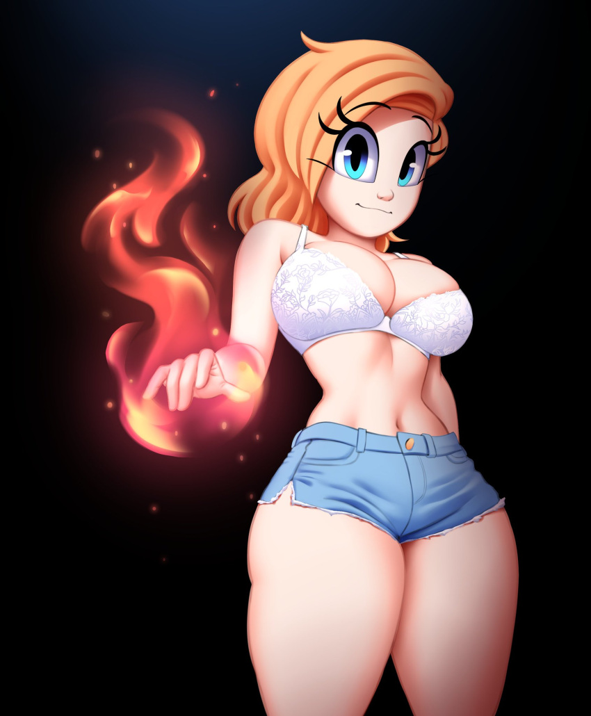 blonde_hair blue_eyes bra cassidy_(saymanart) cute female female_only jorts midriff saymanart solo solo_female tagme thick_thighs white_bra