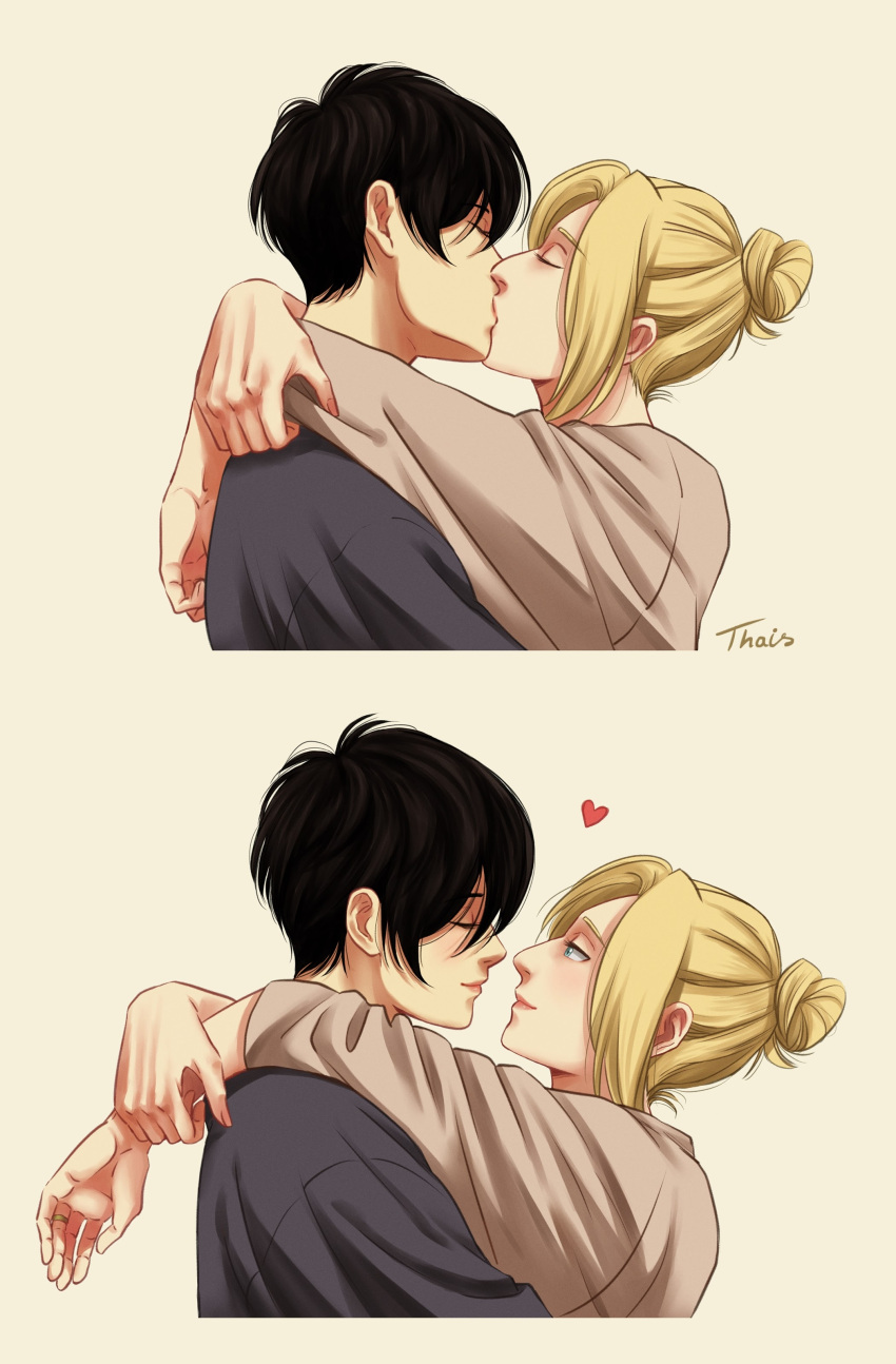 2girls adorable annie_leonhardt artist_signature attack_on_titan black_hair blonde_hair blue_eyes blush bun butch cute eyes_closed eyes_half_open female_only femme heart heart_symbol hugging kissing lesbian lesbian_kiss lesbians married married_couple married_woman mikasa_ackerman shingeki_no_kyojin short_hair short_hair_female signature smile thais_(artista_avoada) wedding_band wedding_ring wholesome yuri