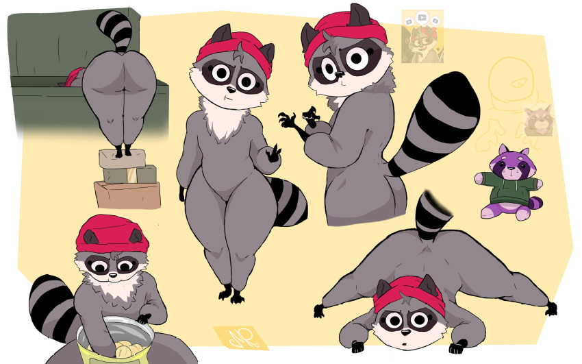 ambiguous_gender anthro ass ass_up beanie bent_over big_butt clothing featureless_crotch fur grey_body grey_fur hat hat_only headgear headgear_only headwear headwear_only hi_res jack-o'_pose jasperdev mammal markings miko's_trash_can mostly_nude n0b0dy nude pose procyonid raccoon short_stack solo striped_markings striped_tail stripes tail tail_markings thick_thighs wide_hips