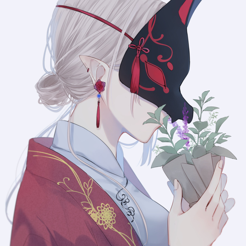 bouquet breasts chinese_clothes coat covered_eyes covered_mouth earrings embroidery female fingernails floral_print flower flower_earrings flower_over_mouth flower_wrapper fox_mask from_side grey_background hair_bun hair_strand highres holding jewelry long_hair mask original pointy_ears portrait profile purple_flower red_coat red_flower red_theme simple_background single_hair_bun smelling_flower solo tassel tassel_earrings tsuki_mitsu white_hair