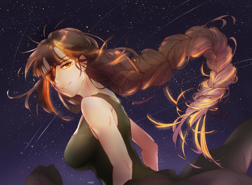 bare_shoulders braid breasts brown_hair clothes_around_waist eyepatch female girls'_frontline glowing glowing_hair green_tank_top ice_s_s_z large_breasts long_hair looking_at_viewer m16a1_(girls'_frontline) mole mole_under_eye multicolored_hair night night_sky orange_eyes orange_hair outdoors shooting_star single_braid sky solo star_(sky) starry_sky tank_top upper_body