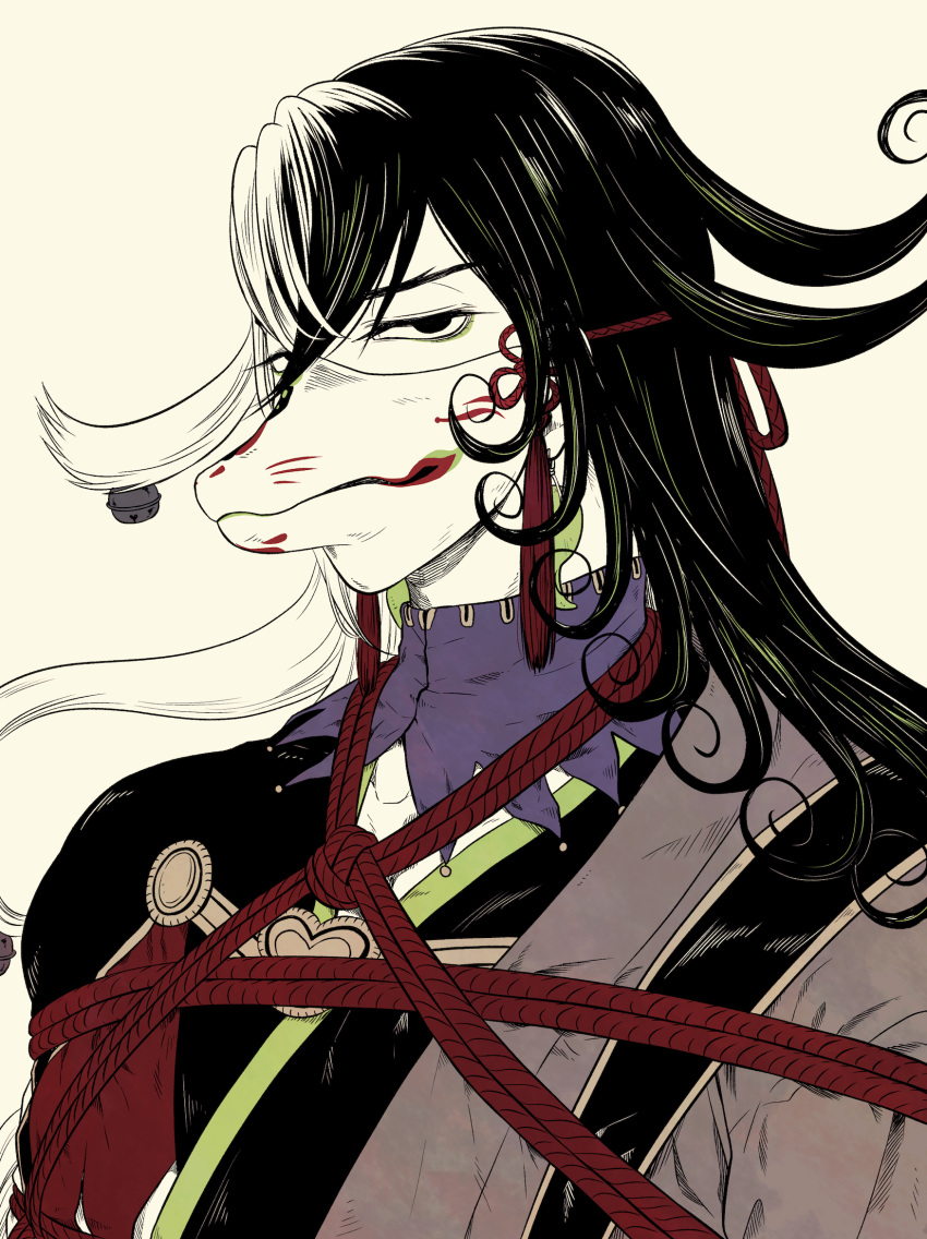 1boy ashiya_douman_(fate) asymmetrical_clothes asymmetrical_hair bell black_eyes black_hair bondage curly_hair earrings eyeshadow fate/grand_order fate_(series) green_eyeshadow hadanugi_dousa hair_bell hair_between_eyes hair_intakes hair_ornament highres japanese_clothes jewelry kimono long_hair looking_at_viewer magatama magatama_earrings makeup male_focus mask masked multicolored_hair open_clothes open_kimono solo spot_color two-tone_hair upper_body very_long_hair white_hair yoi_(207342)