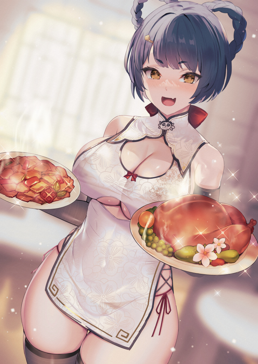 :d alternate_breast_size alternate_costume bare_shoulders bikini bikini_under_clothes black_thighhighs blue_hair blurry blurry_background blush braid braided_hair_rings breasts china_dress chinese_clothes cleavage cleavage_cutout clothing_cutout commentary_request covered_navel cowboy_shot cross-laced_clothes dress dutch_angle elbow_gloves female food fruit genshin_impact gloves hair_rings highres holding holding_plate large_breasts looking_at_viewer matsumoto_mitsuaki meat oerba_yun_fang open_mouth panties panty_straps plate red_panties short_dress short_hair side-tie_panties sideboob sidelocks skin_fang smile solo sparkle standing swimsuit thick_eyebrows thighhighs thighs twin_braids underboob underboob_cutout underwear white_dress xiangling_(genshin_impact) yellow_eyes