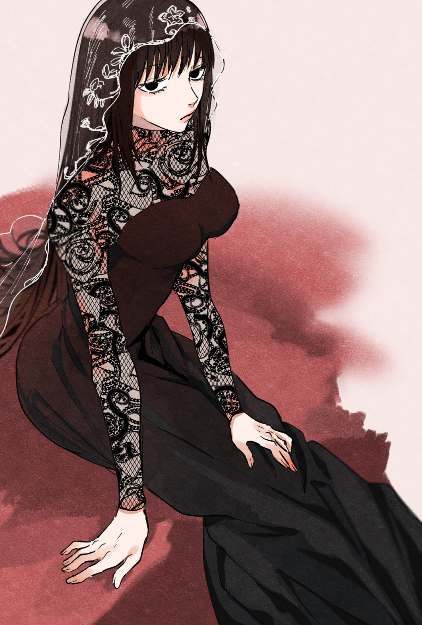 arms_at_sides black_dress black_hair blood blood_stain breasts closed_mouth dress feet_out_of_frame female highres large_breasts long_hair long_sleeves looking_at_viewer osaragi_(sakamoto_days) sakamoto_days see-through see-through_sleeves sitting solo sonono71 veil