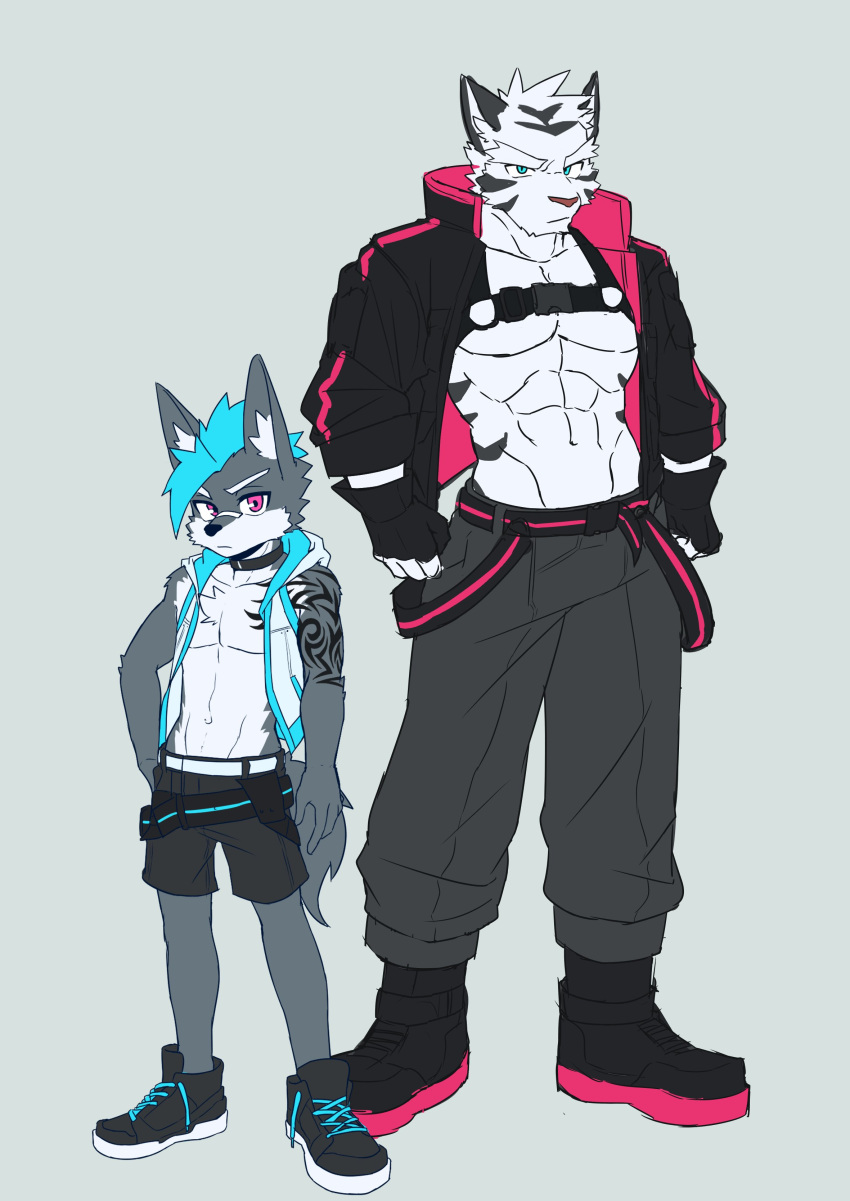 abs absurd_res adolescent anthro band-aid bandage canid canine canis cheek_tuft chest_tuft clothed clothing collar duo facial_tuft footwear grey_background hald_(manadezimon) hand_on_hip hi_res inner_ear_fluff kemono male mammal manadezimon muscular muscular_male muscular_young open_clothing open_topwear open_vest pecs shoes simple_background tattoo topwear tuft vest wolf young young_anthro