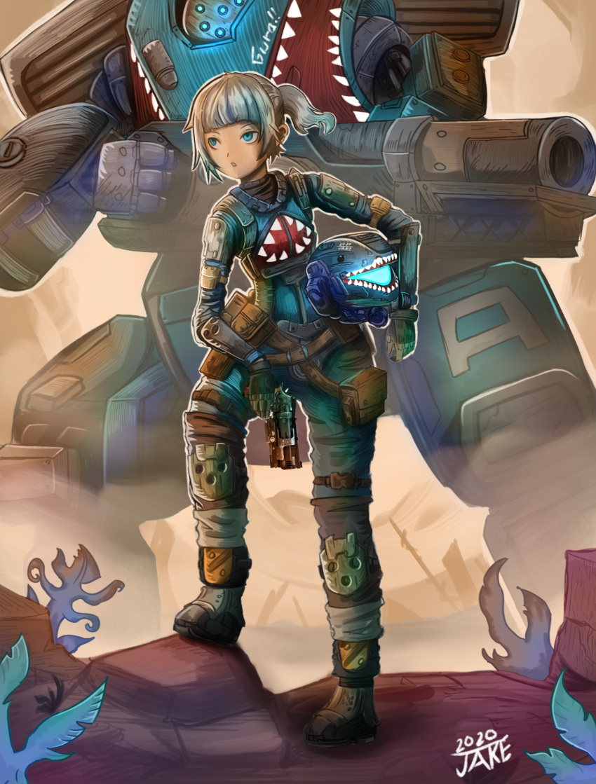 1other b3_wingman blue_hair cannon commentary cosplay crossover dated english_commentary female gawr_gura grey_hair gun handgun helmet highres holding holding_cannon holding_gun holding_weapon hololive hololive_english jacobbagsic knee_pads machinery mecha medium_hair multicolored_hair pilot_(titanfall_2) pilot_(titanfall_2)_(cosplay) plant ponytail pulse_blade_pilot_(titanfall_2) revolver robot science_fiction scorch_(titanfall_2) signature stepping streaked_hair t-203_thermite_launcher titan_(titanfall) titanfall_(series) titanfall_2 unworn_headwear unworn_helmet virtual_youtuber weapon