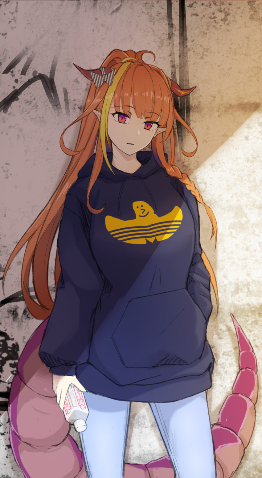 adidas alternate_costume alternate_hairstyle asacoco blonde_hair blunt_bangs bottle bow braid casual commentary_request cowboy_shot diagonal-striped_bow diagonal_stripes dragon_girl dragon_horns dragon_tail emoticon female graffiti highres hololive hood hoodie horn_bow horn_ornament horns kiryu_coco logo_parody long_hair long_sleeves looking_at_viewer multicolored_eyes multicolored_hair orange_hair oumi_(rsag) pants parody pointy_ears ponytail purple_eyes red_eyes ryoushi_chicken_soup_grass_big_chungus scales side_braid single_braid slit_pupils solo standing streaked_hair striped striped_bow tail virtual_youtuber