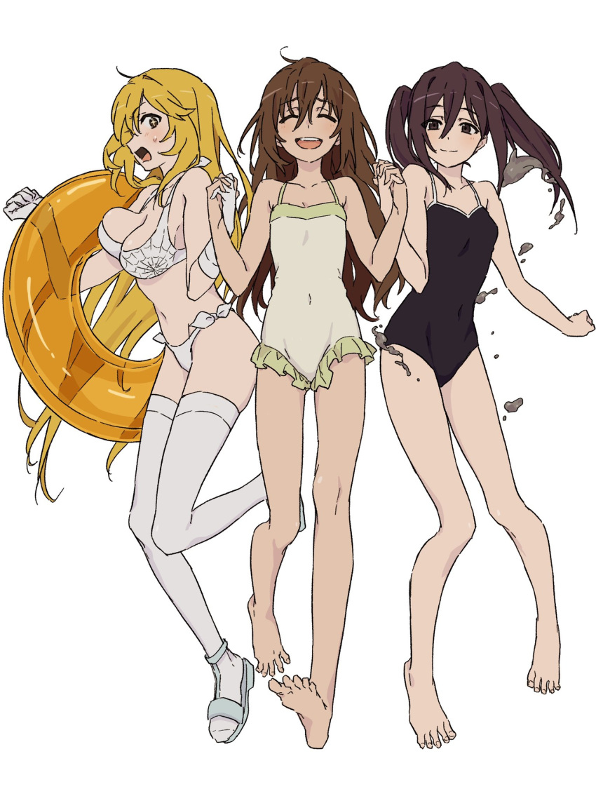 3girls :d :o ^_^ bare_legs bare_shoulders barefoot bikini black_eyes blonde_hair bouncing_breasts breasts bright_pupils brown_hair casual_one-piece_swimsuit closed_eyes commentary covered_navel dolly_(toaru_kagaku_no_railgun) full_body gloves hair_between_eyes happy highres holding_hands innertube interlocked_fingers kouzaku_mitori large_breasts liquid liquid_metal long_hair medium_breasts metal multiple_girls navel one-piece_swimsuit open_mouth print_bikini psychic sandals school_swimsuit shokuhou_misaki side-tie_bikini_bottom simple_background small_breasts smile sparkling_eyes spider_web_print swim_ring swimsuit symbol-shaped_pupils teruya_(6w6y) thighhighs toaru_kagaku_no_railgun toaru_kagaku_no_railgun_t toaru_majutsu_no_index twintails very_long_hair white_background white_bikini white_gloves white_thighhighs yellow_pupils