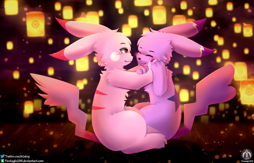 ambiguous_gender anthro blush cleft_tail dipstick_ears duo ear_markings fakemon female fur generation_1_pokemon hi_res lamp lantern love male multicolored_ears night nintendo paper_lantern pikachu pink_body pink_fur pokemon pokemon_(species) purple_body purple_fur reimachu romantic romantic_ambiance romantic_couple semi-anthro senz sitting sky_lantern sparkly tail text url water