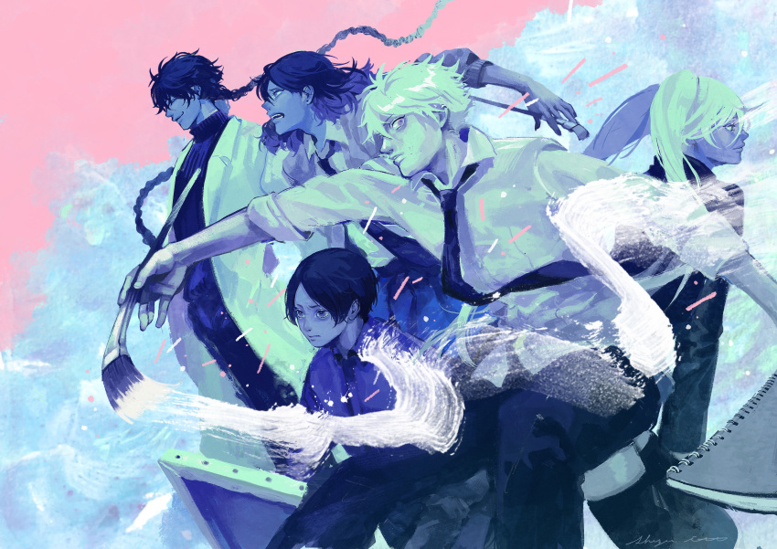 4boys absurdres ayukawa_ryuuji black_hair black_pants blue_period blue_theme braid female hashida_haruka highres holding holding_paintbrush itou_shizu kuwana_maki long_hair multicolored_hair multiple_boys necktie paint paintbrush painting_(action) pants pink_background shirt short_hair smile standing takahashi_yotasuke twin_braids two-tone_hair very_long_hair white_shirt yaguchi_yatora