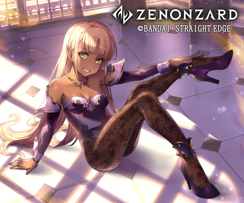 bare_shoulders blonde_hair breasts cleavage copyright_name dark-skinned_female dark_skin day detached_sleeves essual_(layer_world) female full_body high_heels highres jewelry leg_up leotard long_hair looking_at_viewer necklace official_art pantyhose parted_bangs pointy_ears purple_footwear shadow sitting small_breasts smile solo very_long_hair watermark yellow_eyes zenonzard