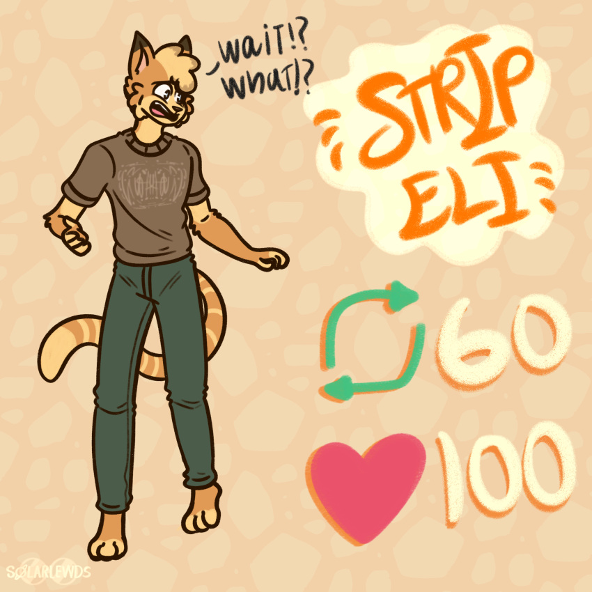 1:1 anthro art_meme breaking_the_fourth_wall clothed clothing digital_media_(artwork) eli_(solarlewds) english_text felid feline fur hi_res male mammal meme multicolored_body multicolored_fur simple_background solarlewds solo strip_meme text twitter yellow_body yellow_fur