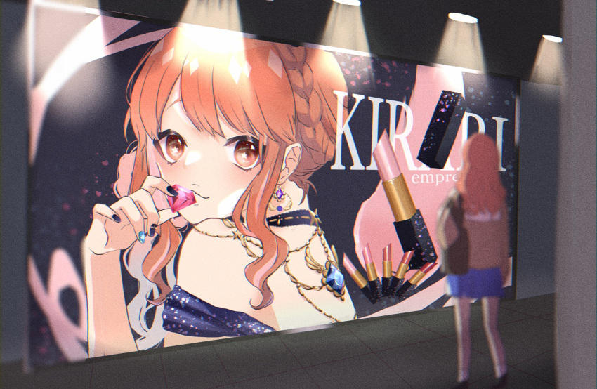 2girls ad blue_skirt blurry blurry_foreground braid crown_braid depth_of_field diamond_(gemstone) display_board dress from_behind highres hirekaku idolmaster idolmaster_cinderella_girls jewelry lipstick long_hair looking_at_object looking_at_viewer looking_back makeup moroboshi_kirari multiple_girls nail_polish off-shoulder_dress off_shoulder orange_hair parted_lips sideways_glance skirt spotlight star-shaped_pupils star_(symbol) symbol-shaped_pupils upper_body wavy_hair