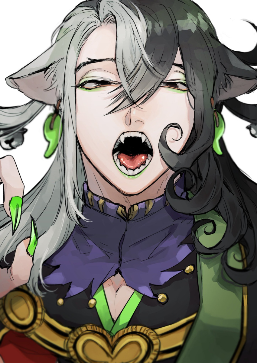 1boy animal_ears ashiya_douman_(fate) asymmetrical_clothes asymmetrical_hair bell black_eyes black_hair cat_boy cat_ears claw_pose close-up curly_hair earrings eyeshadow fangs fate/grand_order fate_(series) fingernails green_eyeshadow green_kimono green_lips green_nails hair_bell hair_between_eyes hair_intakes hair_ornament highres japanese_clothes jewelry kemonomimi_mode kimono lipstick long_hair magatama magatama_earrings makeup male_focus multicolored_hair open_clothes open_kimono open_mouth oshiruko_(oshiruko0803) ribbed_sleeves sharp_fingernails solo split-color_hair two-tone_hair upper_body very_long_fingernails white_hair