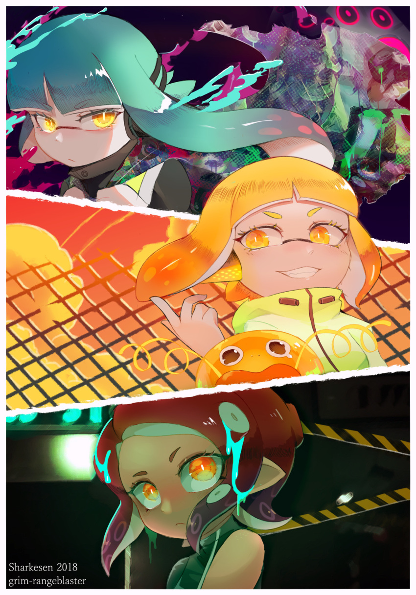 3girls agent_3_(splatoon) agent_4_(splatoon) agent_8_(splatoon) aqua_hair bangs black_shirt blonde_hair blue_background blue_hair border closed_mouth cloud cloudy_sky frown glowing glowing_eyes grim-rangeblaster highres inkling jacket long_hair looking_at_viewer looking_to_the_side multiple_girls net octoling orange_eyes orange_sky outdoors pink_hair shirt short_hair single_sleeve sky sleeveless smile splatoon_(series) splatoon_2 squidbeak_splatoon tentacle_hair white_border yellow_eyes yellow_jacket zapfish