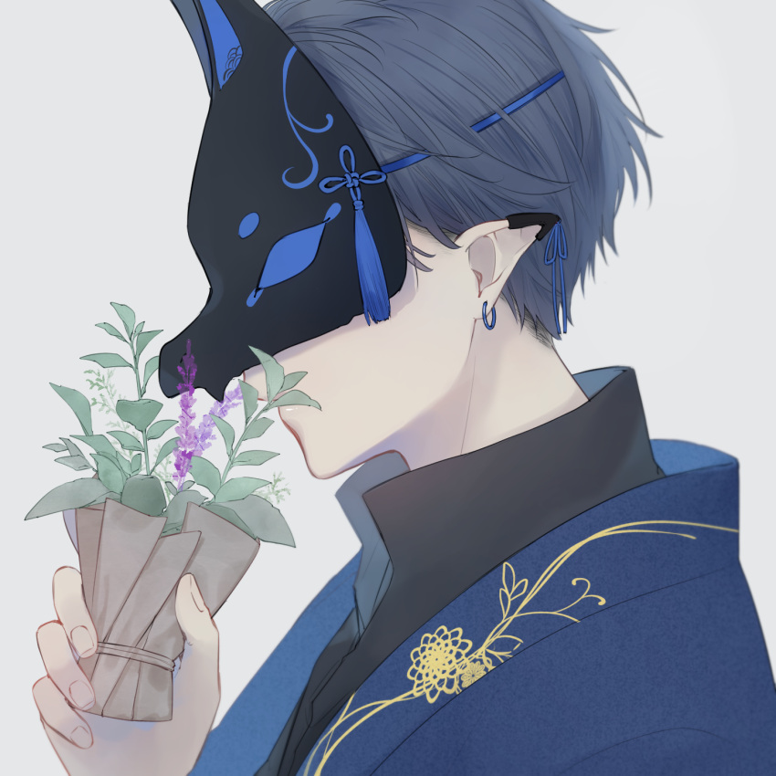 1boy blue_coat blue_hair blue_theme bouquet coat covered_eyes ear_ribbon earclip earrings embroidery fingernails floral_print flower flower_over_mouth flower_wrapper fox_mask from_side grey_background grey_hair highres holding jewelry male_focus mask original pointy_ears popped_collar portrait profile purple_flower simple_background smelling_flower solo tassel tsuki_mitsu