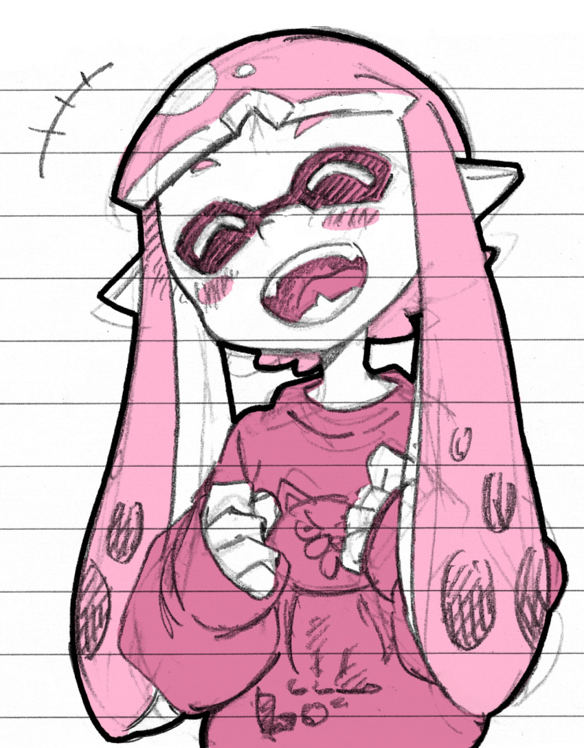 +++ blush closed_mouth fangs female hand_up head_tilt highres inkling inkling_girl inkling_player_character judd_(splatoon) long_hair long_sleeves monochrome open_mouth pink_hair pink_shirt pink_sweater pink_theme pointy_ears shirt simple_background solo splatoon_(manga) splatoon_(series) sweater tentacle_hair upper_body white_background yoshizawa_miyabi