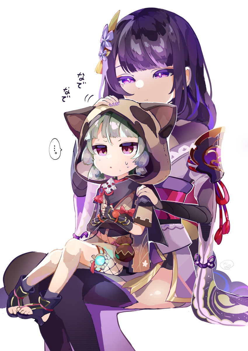 ... 2girls absurdres animal_ears armor black_scarf black_thighhighs blunt_bangs braid bridal_gauntlets commentary_request fake_animal_ears fake_tail fishnet_legwear fishnets genshin_impact grey_hair hair_between_eyes hair_ornament headpat highres japanese_clothes long_hair long_sleeves looking_at_another low_ponytail low_twintails multiple_girls nanananananana ninja obi pouch purple_eyes purple_hair raccoon_ears raccoon_hood raccoon_tail raiden_shogun sash sayu_(genshin_impact) scarf short_hair short_sleeves shoulder_armor shuriken sidelocks simple_background single_braid sitting sitting_on_person smile sweatdrop tail thighhighs toeless_footwear translated twintails v-shaped_eyebrows vision_(genshin_impact) weapon white_background wide_sleeves