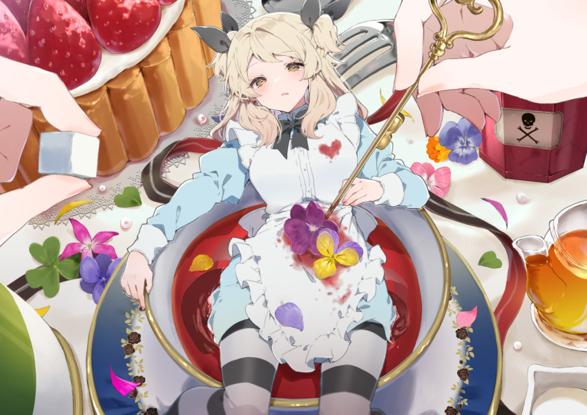 apron black_ribbon blonde_hair blood blood_on_clothes blood_stain blue_dress blue_flower brown_eyes cake clover collar commentary_request cup dress female fingernails floral_print flower food fork frilled_apron frills fruit gem glass_teapot hair_ribbon half-closed_eyes heart holding holding_key ikeuchi_tanuma impaled in_container in_cup key komachi_(ikeuchi_tanuma) long_hair long_sleeves looking_at_viewer lying mini_person minigirl neck_ribbon on_back orange_flower original pansy pantyhose parted_lips pearl_(gemstone) petals petals_on_liquid pink_flower pov pov_hands purple_flower ribbon rose_print saucer shamrock skull_and_crossbones solo_focus stab strawberry strawberry_cake striped_clothes striped_pantyhose sugar_cube swept_bangs tea teacup teapot two_side_up violet_(flower) white_apron yellow_flower