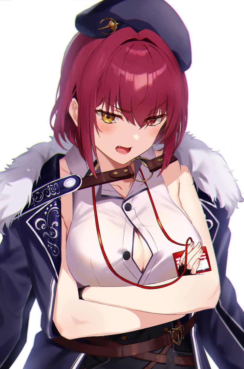 absurdres arms_under_breasts belt beret blush breasts brown_belt button_gap cleavage crossed_arms dark_red_hair female fingerless_gloves fur-trimmed_jacket fur_trim gloves hat heterochromia highres hololive houshou_marine houshou_marine_(businesswoman) jacket jacket_on_shoulders lanyard large_breasts looking_at_viewer meme_tesshin oerba_yun_fang official_alternate_costume official_alternate_hair_length official_alternate_hairstyle open_mouth red_eyes red_hair short_hair simple_background solo v-shaped_eyebrows virtual_youtuber white_background yellow_eyes