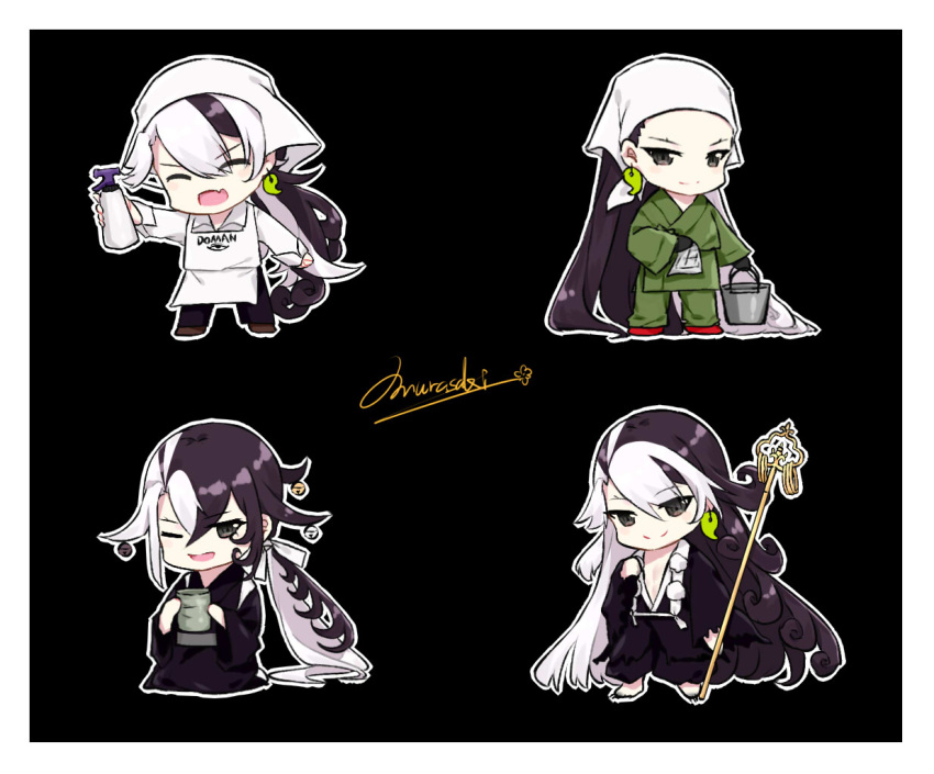 1boy alternate_costume alternate_hairstyle ashiya_douman_(fate) asymmetrical_hair bell black_eyes black_hair black_kimono chibi cleaning collage curly_hair earrings eyeshadow fate/grand_order fate_(series) green_eyeshadow green_kimono green_lips hair_bell hair_between_eyes hair_intakes hair_ornament hakama hakama_short_skirt hakama_skirt head_scarf japanese_clothes jewelry kimono lipstick long_hair magatama magatama_earrings makeup male_focus multicolored_hair one_eye_closed pom_pom_(clothes) purionpurion shakujou skirt smile staff two-tone_hair very_long_hair white_hair yuigesa