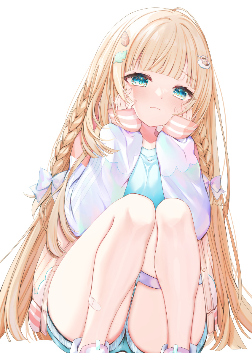 absurdres aqua_shirt aqua_shorts bandaid bandaid_on_leg blonde_hair blush bow braid commentary_request feet_out_of_frame female frown green_eyes hair_ornament hairbow hands_on_own_cheeks hands_on_own_face highres hololive ineka_ka kazama_iroha kazama_iroha_(streetwear) leaf_hair_ornament long_hair long_sleeves looking_at_viewer pokobee shirt shorts sleeves_past_wrists squatting thigh_strap thighs virtual_youtuber white_bow