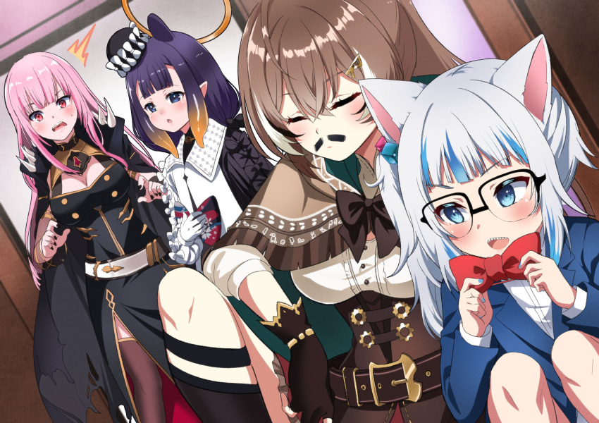 4girls animal_ears belt bespectacled black_nails blue_eyes blue_hair blush bow bowtie breasts brown_hair cat_ears cleavage closed_eyes cosplay detached_sleeves edogawa_conan edogawa_conan_(cosplay) facial_hair fingerless_gloves fingernails fuyumi_kazuki gawr_gura glasses gloves halo hat highres hololive hololive_english large_breasts long_hair long_sleeves medium_breasts meitantei_conan mori_calliope mouri_kogoro mouri_kogoro_(cosplay) moustache multicolored_hair multiple_girls nanashi_mumei ninomae_ina'nis open_mouth pink_hair pointy_ears ponytail purple_hair red_bow red_bowtie red_eyes sharp_teeth side_ponytail sleeping streaked_hair teeth thighhighs two-tone_hair very_long_hair virtual_youtuber white_gloves white_hair