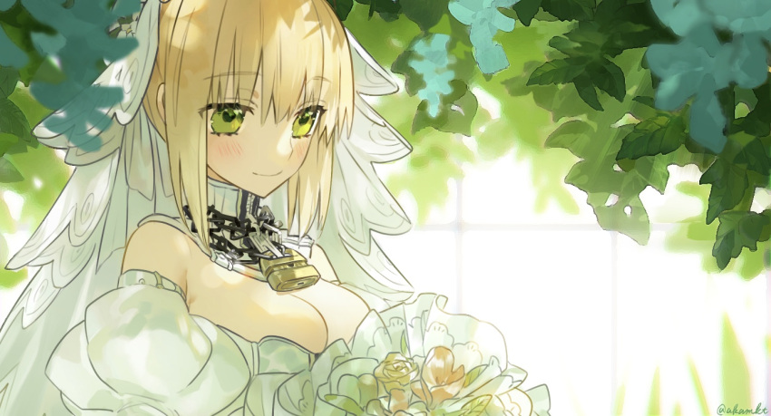 akamakoto bare_shoulders blonde_hair blush bouquet braid breasts bridal_veil chains cleavage commentary_request detached_collar detached_sleeves fate/extra fate/extra_ccc fate_(series) female flower french_braid green_eyes hair_between_eyes hair_bun hair_intakes large_breasts leotard lock long_hair nero_claudius_(bride)_(fate) nero_claudius_(bride)_(second_ascension)_(fate) nero_claudius_(fate) padlock puffy_detached_sleeves puffy_sleeves single_hair_bun smile solo veil white_leotard white_sleeves