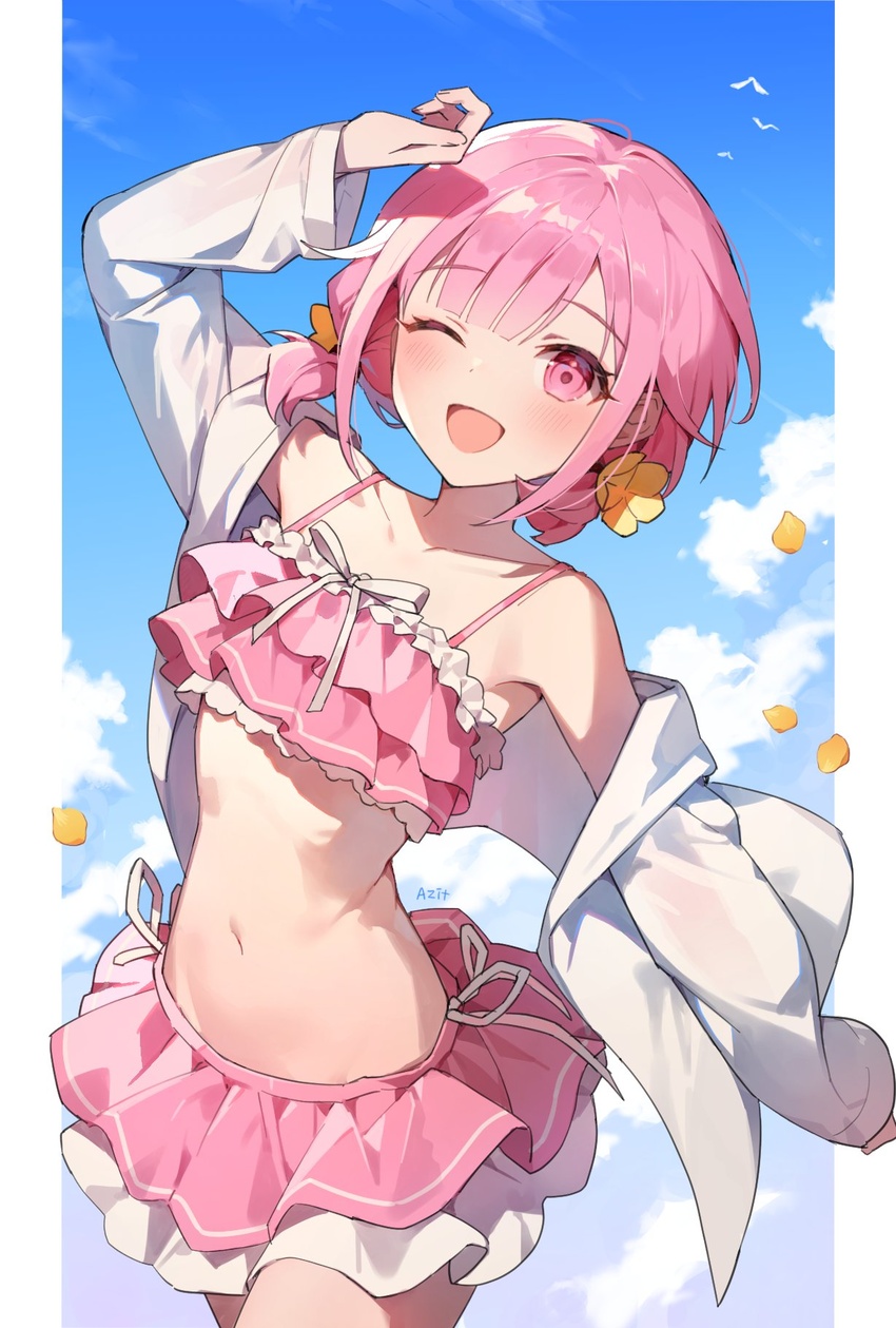 azit_(down) bikini blue_sky day female hair_ornament highres jacket long_sleeves navel one_eye_closed ootori_emu open_mouth pink_bikini pink_eyes pink_hair project_sekai short_hair sky smile solo stomach swimsuit upper_body white_jacket wonderlands_x_showtime_(project_sekai)