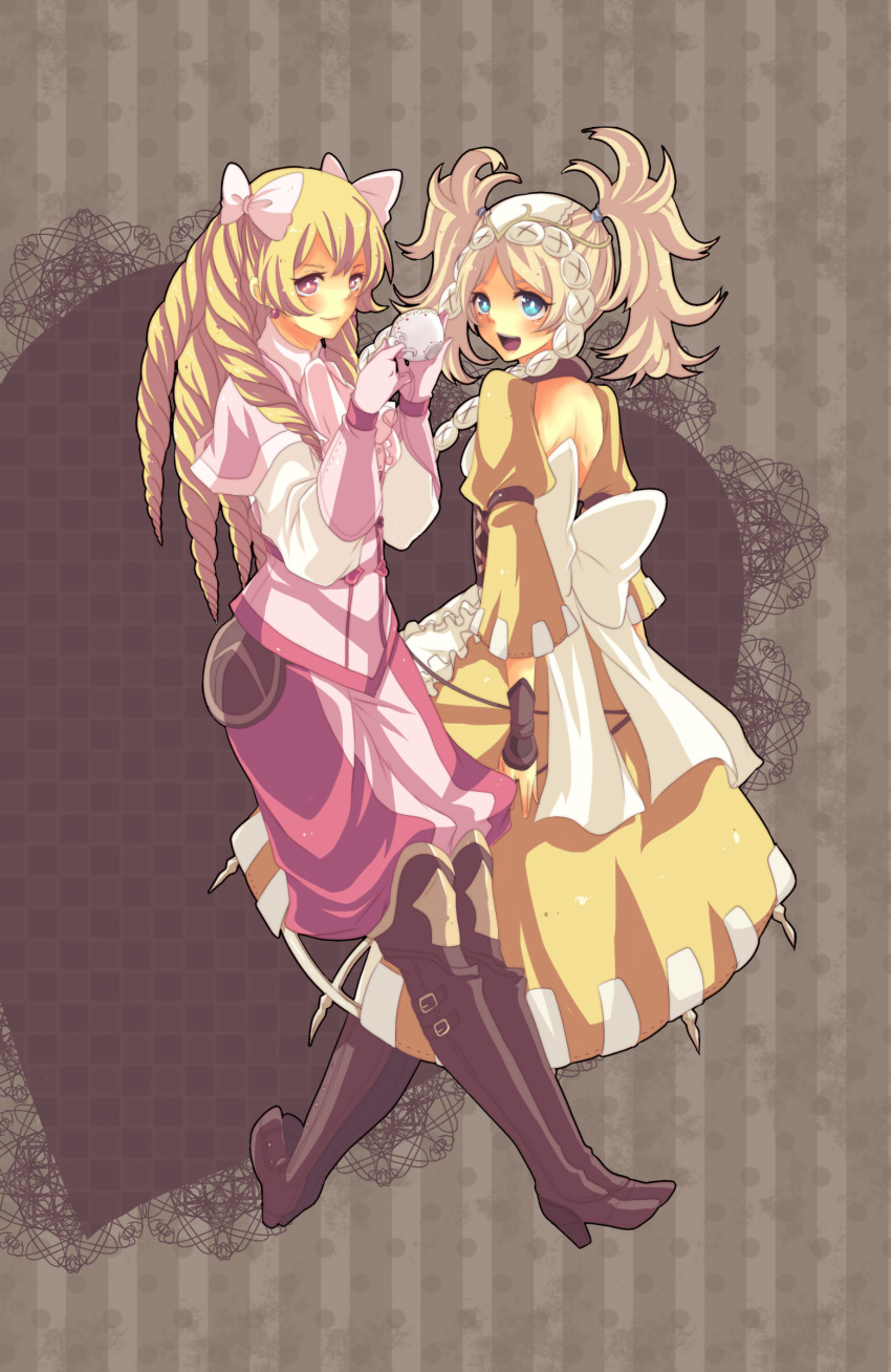 2girls absurdres apron arm_belt ascot backless_dress backless_outfit blonde_hair blue_eyes boooo-im boots bow capelet commentary_request corset cup dangle_earrings dress drill_hair earrings fire_emblem fire_emblem_awakening full_body gloves hair_tie hairbow heart heart_background high_heel_boots high_heels highres holding holding_cup huge_bow jewelry leather leather_boots leather_gloves lissa_(fire_emblem) long_hair looking_at_viewer maribelle_(fire_emblem) messy_hair multiple_girls open_mouth pants pink_bow pink_capelet pink_eyes pink_gloves pink_pants polka_dot polka_dot_background smile striped teacup thigh_boots thighhighs twintails vertical_stripes white_bow yellow_dress