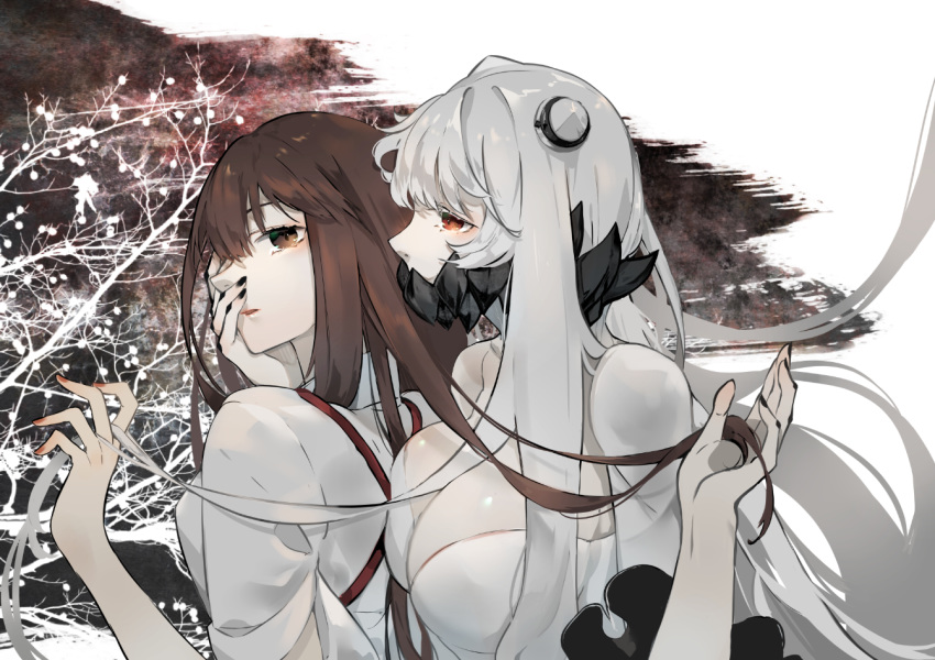 2girls abyssal_ship akagi_(kancolle) bad_id bad_pixiv_id bare_shoulders black_nails breast_press breasts brown_eyes brown_hair cleavage collarbone commentary covered_mouth dress fingernails hand_in_own_hair hand_on_another's_face horns huge_breasts japanese_clothes kantai_collection kimono long_hair midway_princess multiple_girls neko_(ganecooo) pale_skin parted_lips red_eyes red_ribbon ribbon tasuki tree upper_body very_long_hair white_dress white_hair white_kimono