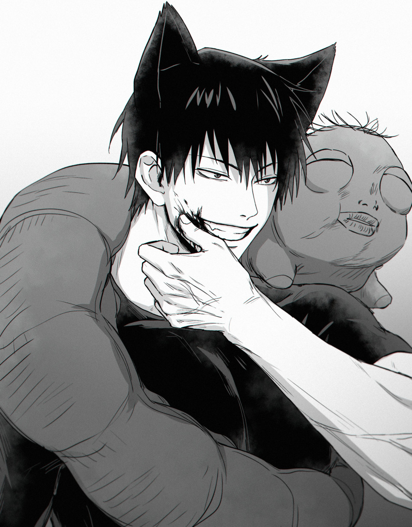 1boy absurdres animal_ears blood blood_on_face cat_boy cat_ears fushiguro_touji greyscale grin hair_between_eyes hand_up highres jujutsu_kaisen kemonomimi_mode looking_away male_focus monochrome monster shirt short_hair short_sleeves simple_background smile solo upper_body xxhane