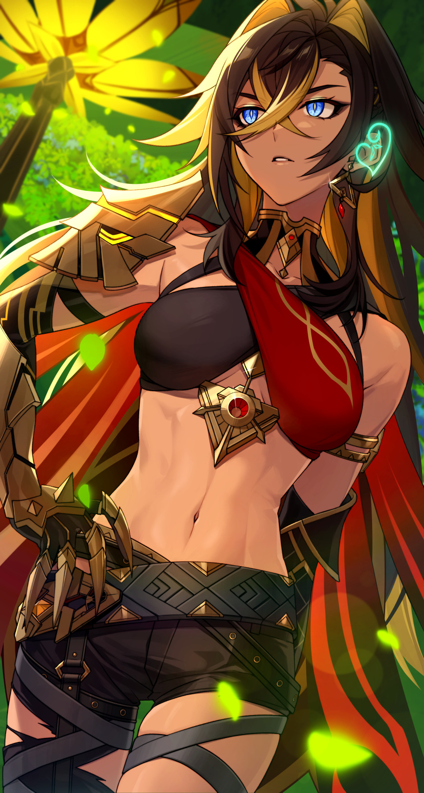 absurdres akasha_terminal arm_behind_back armlet armor asymmetrical_clothes belt black_pants blonde_hair blue_eyes breasts bright_pupils brown_hair clip_studio_paint_(medium) cowboy_shot criss-cross_halter crop_top crossed_bangs dehya_(genshin_impact) dutch_angle earrings falling_leaves female gauntlets genshin_impact halterneck hand_on_own_hip highres jewelry leaf long_hair looking_to_the_side making-of_available md5_mismatch medium_breasts multicolored_hair navel onimoti pants parted_lips petals resolution_mismatch revision shirt shoulder_armor single_bare_shoulder single_pantsleg sleeveless sleeveless_shirt solo source_smaller stomach streaked_hair thigh_strap thighs toned torn_clothes torn_pants two-tone_hair white_pupils