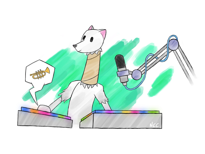 4:3 anthro cardboard cardboard_tube digital_media_(artwork) domestic_ferret fur gloracle happy hi_res mammal mic mustelid musteline nocluecartoons solo soundboard true_musteline weasel white_body white_fur