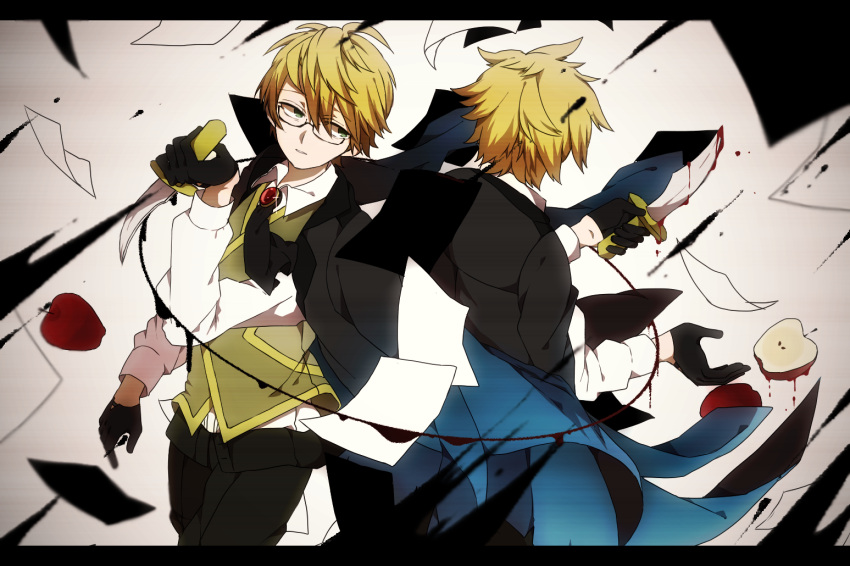 2boys apple ascot black_ascot black_gloves black_jacket blazer blonde_hair collared_shirt commentary dagger dark_persona dress_shirt dual_persona eiku fate/grand_order fate/prototype fate/prototype:_fragments_of_blue_and_silver fate_(series) food fruit glasses gloves hair_between_eyes holding holding_dagger holding_knife holding_weapon jacket jacket_on_shoulders jekyll_and_hyde_(fate) knife letterboxed long_sleeves male_focus multiple_boys shirt short_hair vignetting waistcoat weapon white_shirt