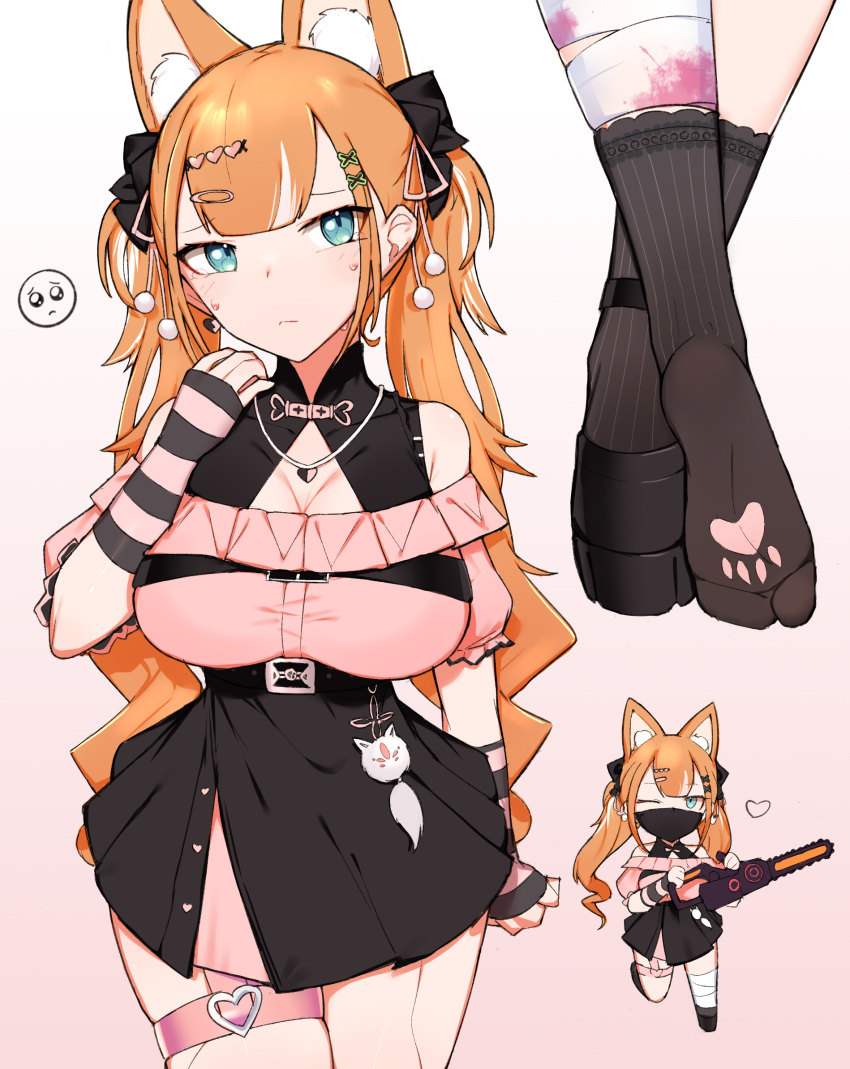 andou_inari andou_inari_official animal_ear_fluff animal_ears bandaged_leg bandages black_footwear black_skirt black_socks blue_eyes breasts chainsaw chibi chinese_commentary choumi_wuti_(xueye_fanmang_zhong) cleavage closed_mouth commentary emoji feet female gradient_background hair_ornament hairclip hand_up heart heart_hair_ornament highres holding jirai_kei large_breasts long_hair looking_at_viewer mask mouth_mask multicolored_hair multiple_views nijisanji no_shoes off-shoulder_shirt off_shoulder one_eye_closed orange_hair pink_background pink_shirt pleading_face_emoji pleated_skirt shirt shoes skindentation skirt socks soles streaked_hair striped_clothes striped_socks sweat twintails vertical-striped_clothes vertical-striped_socks very_long_hair virtual_youtuber virtuareal white_background white_hair x_hair_ornament