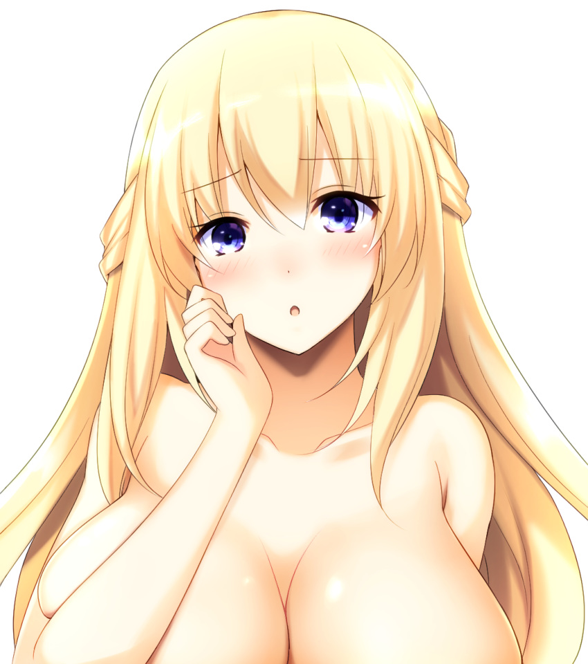 blonde_hair blue_eyes blush braid breasts collarbone commentary_request doria_(p_f_dolia) female french_braid hair_between_eyes highres large_breasts long_hair looking_at_viewer neptune_(series) open_mouth sidelocks simple_background solo upper_body vert_(neptunia) white_background