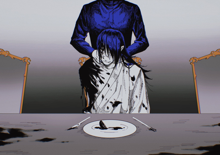 2boys blood blood_on_clothes blood_on_face blue_hair blue_jacket chair closed_mouth dismemberment fork getou_suguru gojou_satoru gradient_background grey_background hair_between_eyes hands_on_another's_neck head_out_of_frame highres jacket japanese_clothes jujutsu_kaisen kimono knife kuropani_cos long_hair long_sleeves male_focus multiple_boys plate smile spoilers table upper_body white_kimono