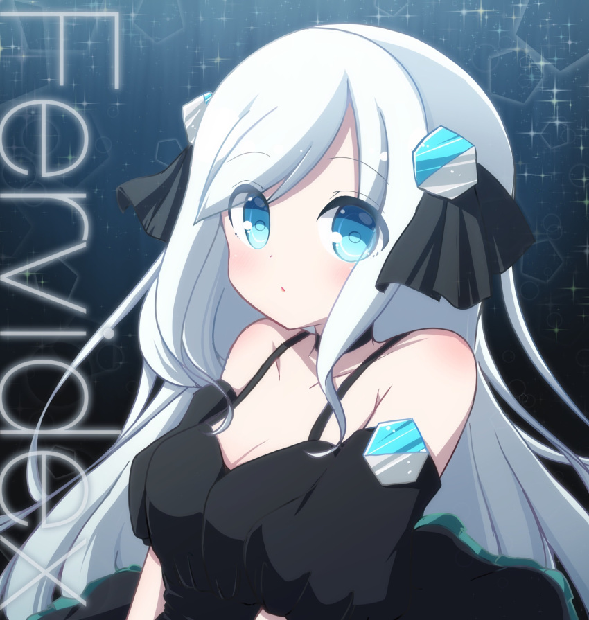 bare_shoulders beatmania_iidx black_choker black_dress black_ribbon black_sleeves blue_eyes blush breasts character_request choker cleavage closed_mouth collarbone commentary_request dress female hair_ornament hair_ribbon highres long_hair looking_at_viewer medium_breasts puffy_short_sleeves puffy_sleeves rensei ribbon short_sleeves sleeveless sleeveless_dress solo swept_bangs very_long_hair white_hair